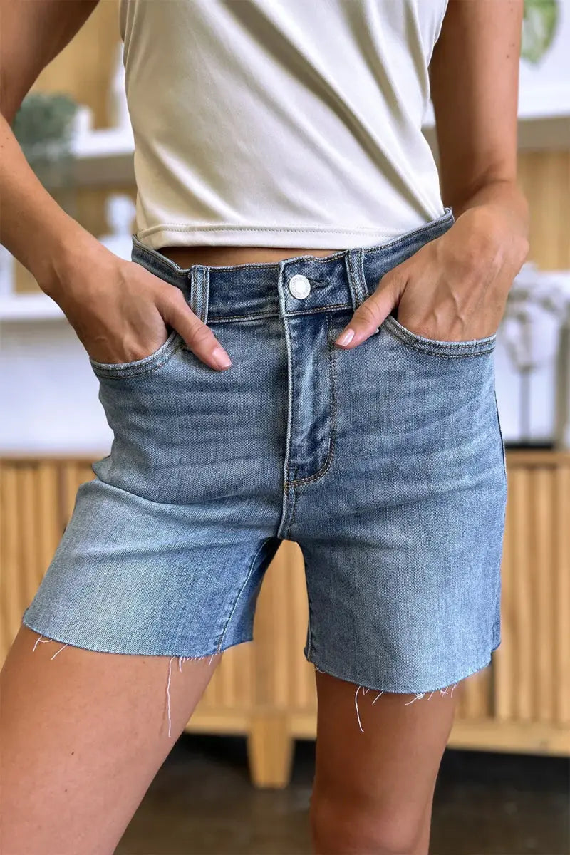 Judy Blue Full Size High Waist Raw Hem Denim Shorts for Summer - Love Salve